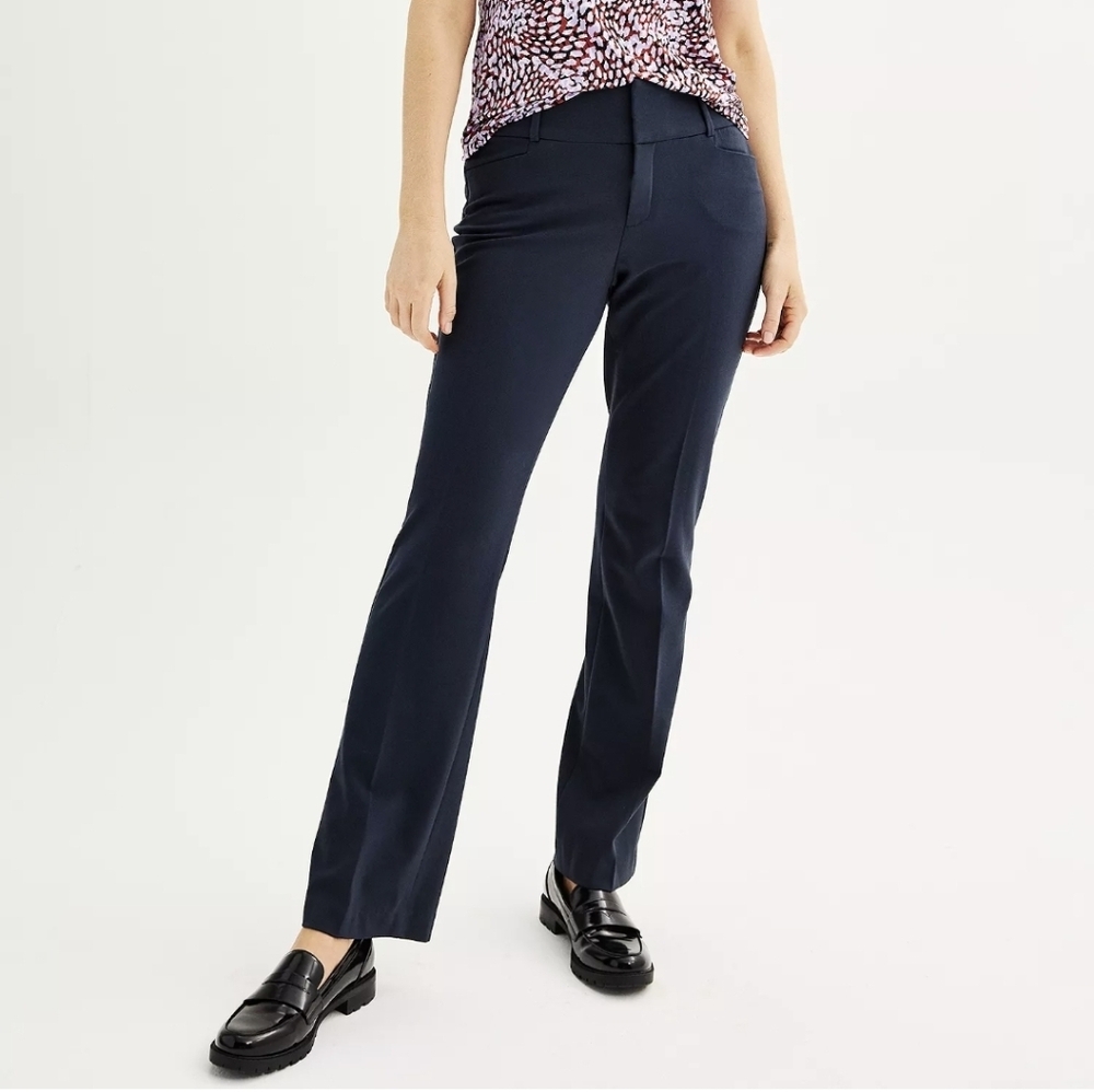 Nine West Mid Rise Bootcut Stretch Tummy Control Navy Blue Pants Size 4 Petites